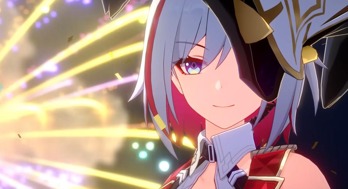 Honkai: Star Rail Topaz and Numby in front of some fireworks.